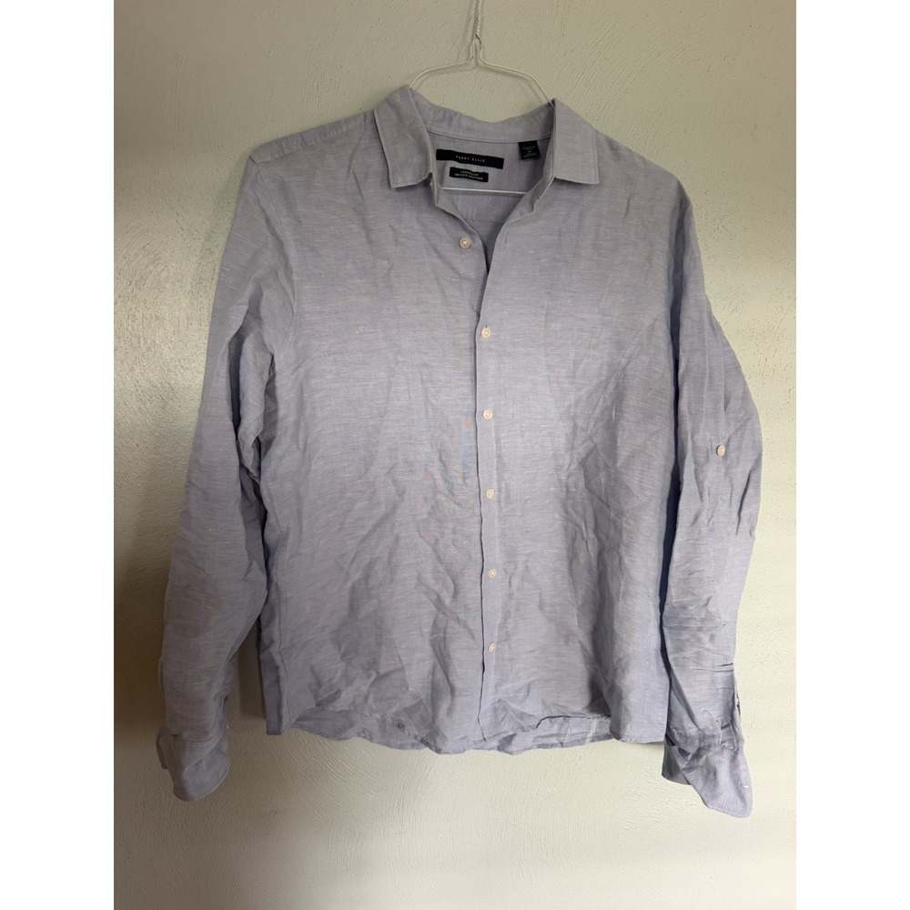 Perry Ellis Mens Linen Blend Long Sleeve Button Up Shirt Blue Size M MA6388